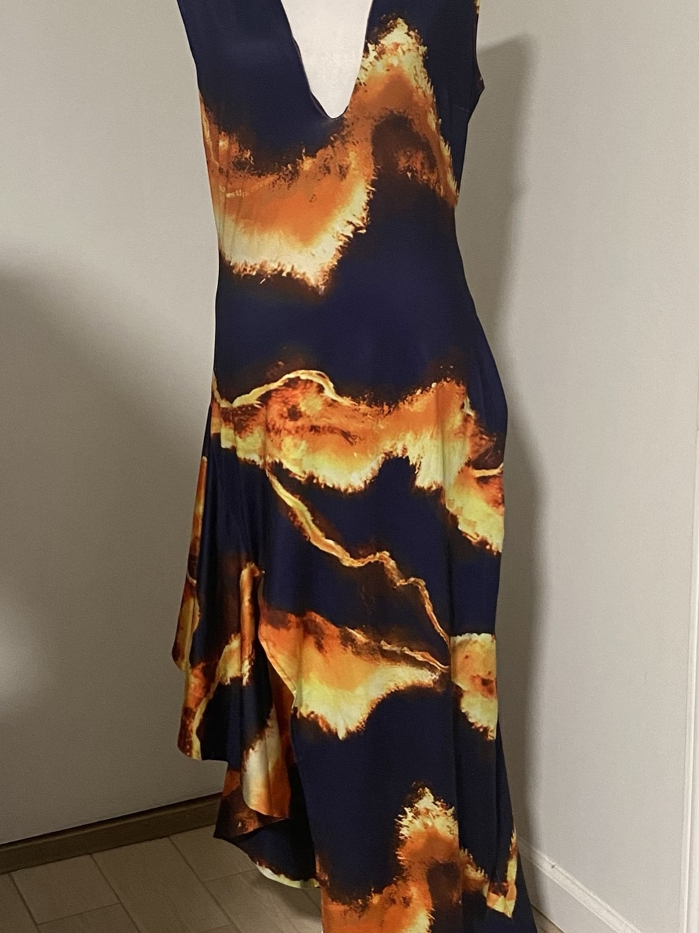 Navy Orange Abstract High-Low Maxi Dress Size Large